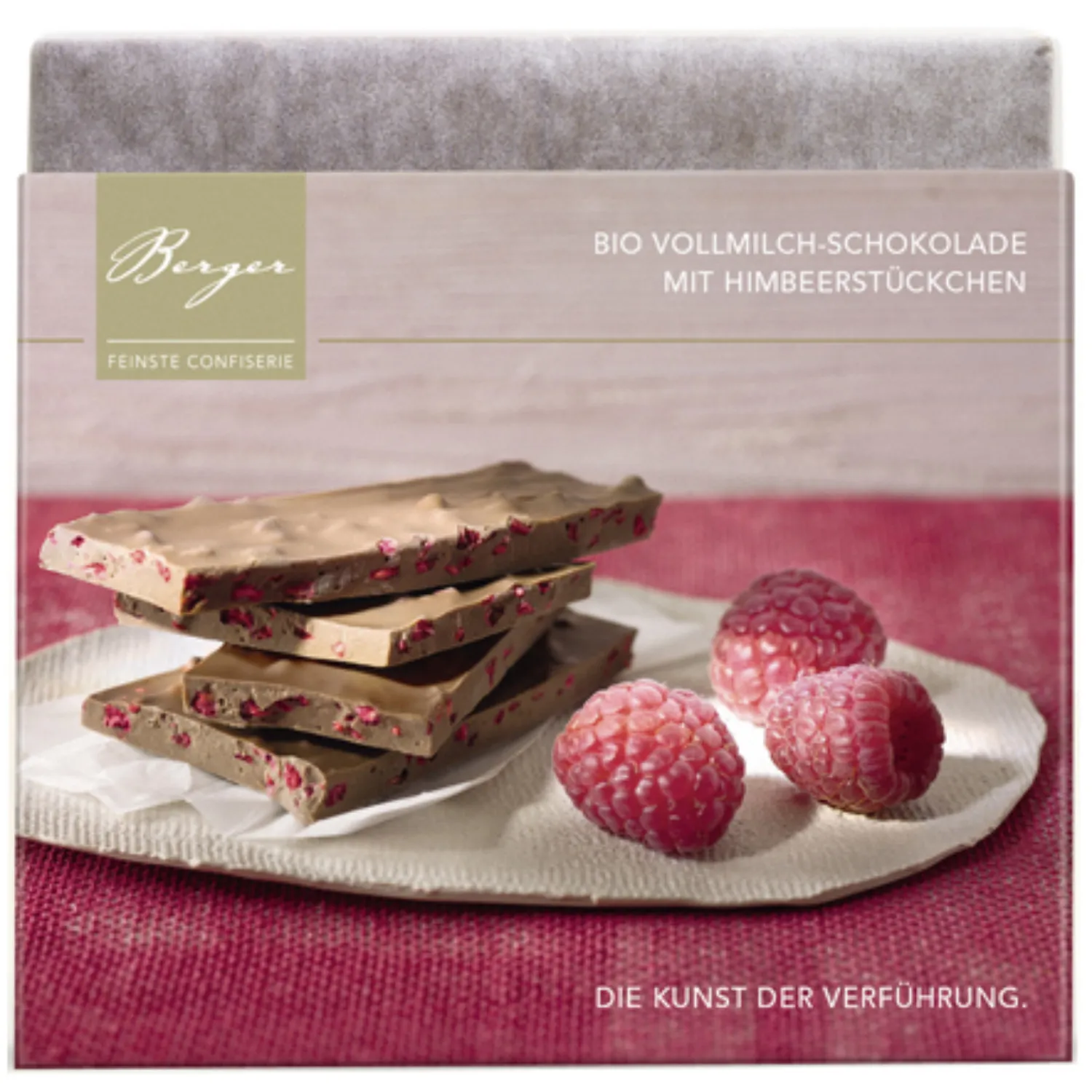 Himbeerstückchen gefüllt, Bio – Vollmilchschokolade 90g – Confiserie Berger