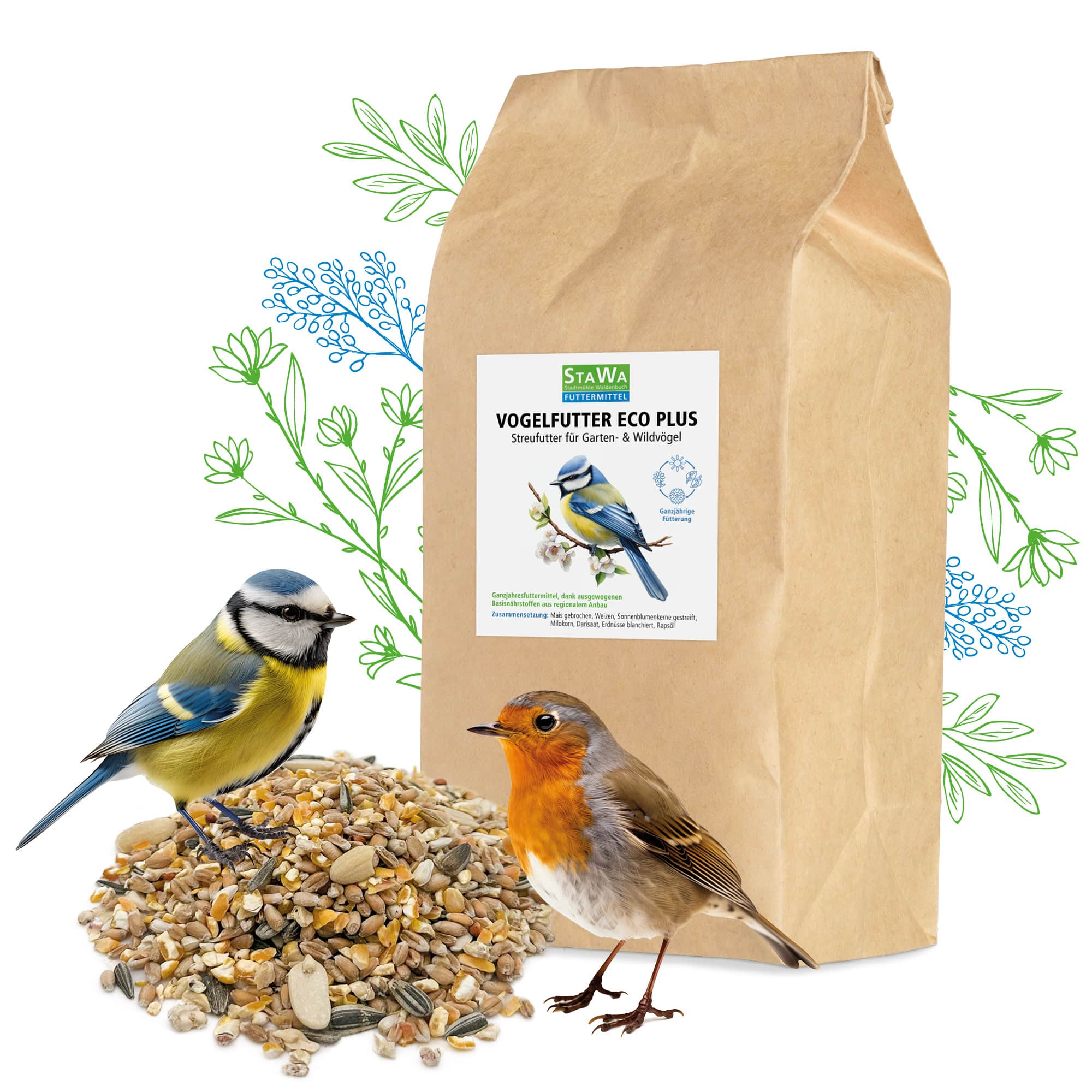 StaWa Vogelfutter Eco Plus 25 kg | Streufutter für Gartenvögel und Wildvögel | Ganzjahresfutter